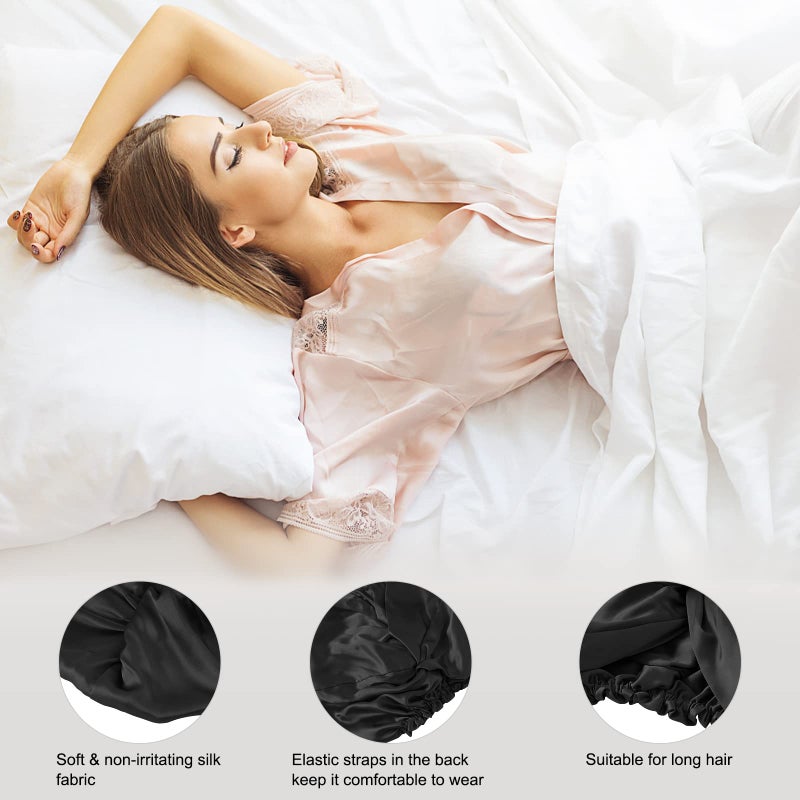 SOBONNY Silk Bonnet for Sleeping 100% Mulberry Silk Sleep Cap for Women Hair Care Night Cap Fixed by The Elastic(1Pc  Black) - Image 3